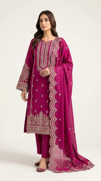 Elegant Magenta Pink Embroidered Lawn 3 Pcs Suit - Luxury Unstitched Summer Collection with Scalloped Dupatta for Women