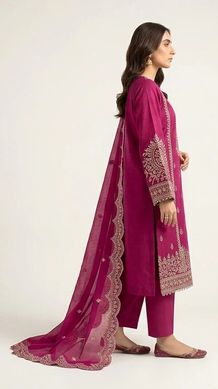 Elegant Magenta Pink Embroidered Lawn 3 Pcs Suit - Luxury Unstitched Summer Collection with Scalloped Dupatta for Women
