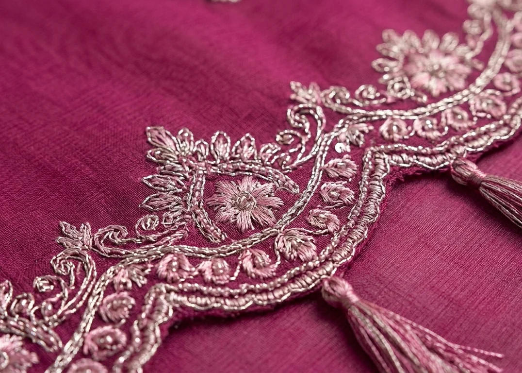 Elegant Magenta Pink Embroidered Lawn 3 Pcs Suit - Luxury Unstitched Summer Collection with Scalloped Dupatta for Women