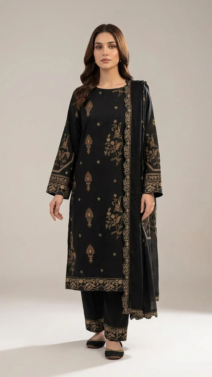 Elegant Jet Black Embroidered Lawn 3 Pcs Suit - Luxury Unstitched Summer Collection with Scalloped Dupatta for Women