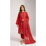 Elegant Blood Red Embroidered Lawn 3 Pcs Suit - Luxury Unstitched Summer Collection with Scalloped Dupatta for Women