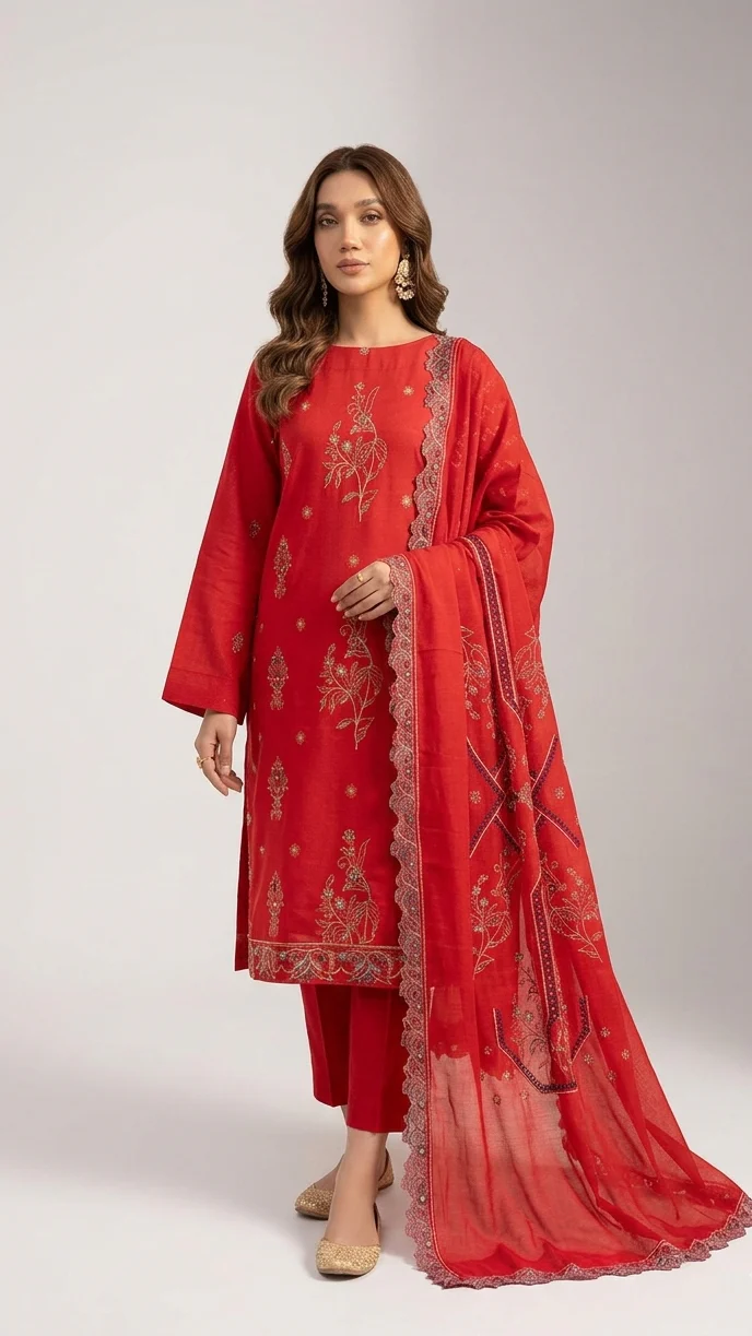 Elegant Blood Red Embroidered Lawn 3 Pcs Suit - Luxury Unstitched Summer Collection with Scalloped Dupatta for Women