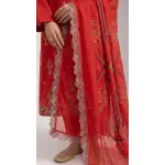 Elegant Blood Red Embroidered Lawn 3 Pcs Suit - Luxury Unstitched Summer Collection with Scalloped Dupatta for Women