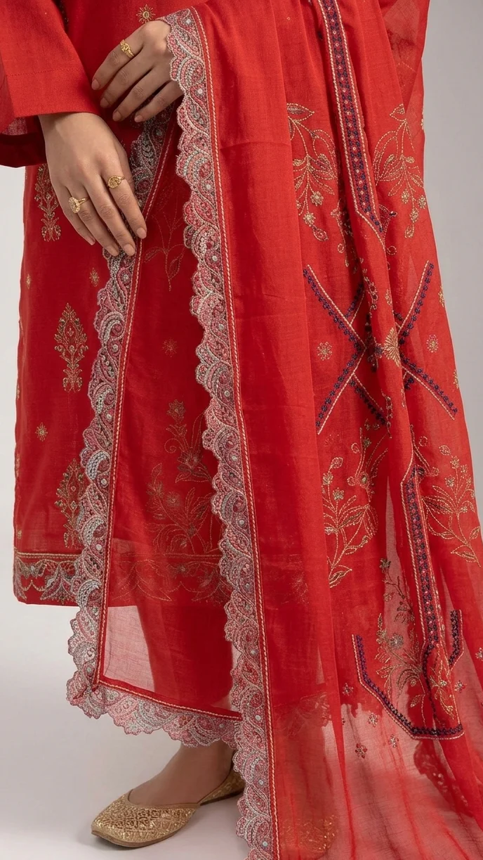 Elegant Blood Red Embroidered Lawn 3 Pcs Suit - Luxury Unstitched Summer Collection with Scalloped Dupatta for Women