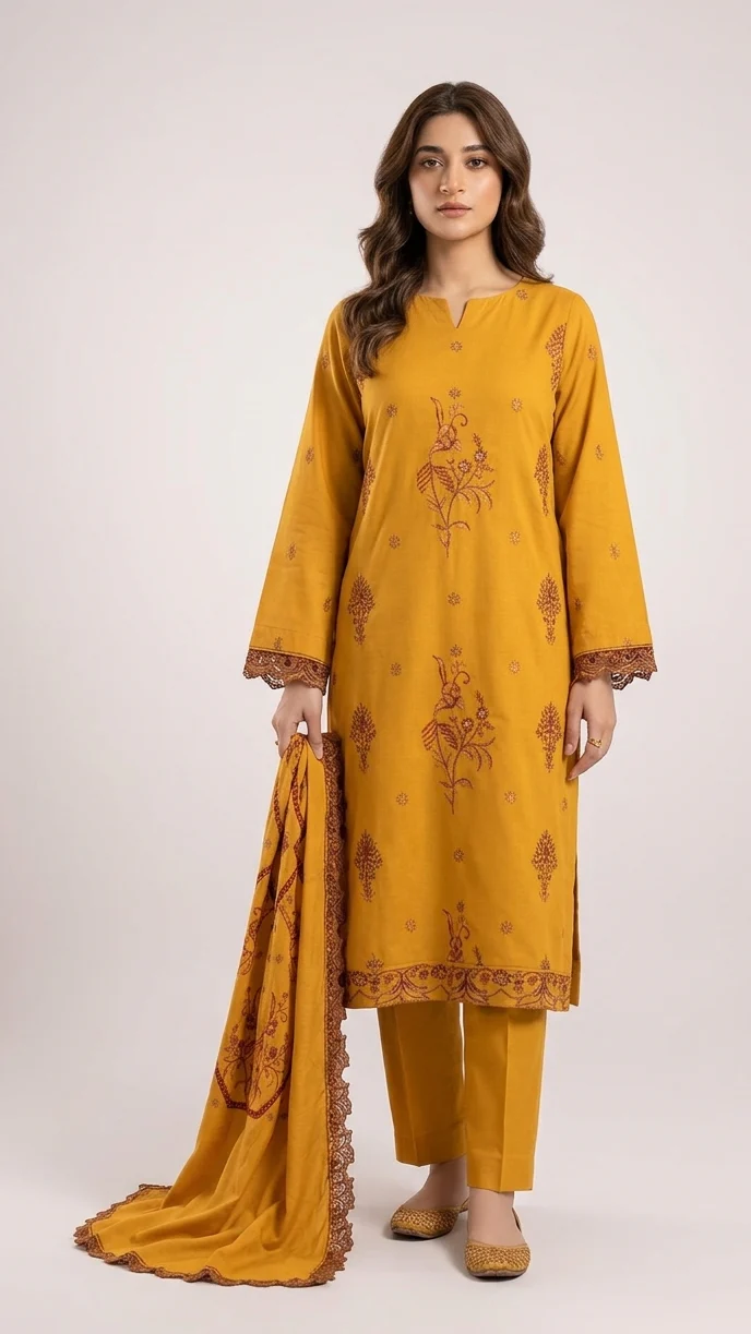 Elegant Mustard Yellow Embroidered Lawn 3 Pcs Suit - Luxury Unstitched Summer Collection with Scalloped Dupatta for Women