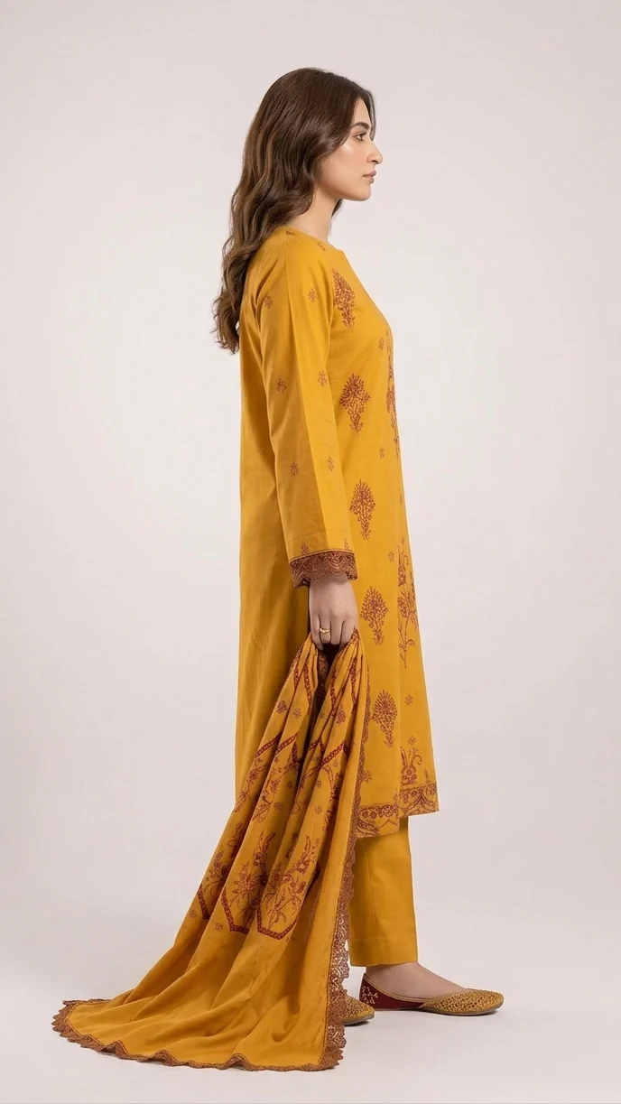 Elegant Mustard Yellow Embroidered Lawn 3 Pcs Suit - Luxury Unstitched Summer Collection with Scalloped Dupatta for Women