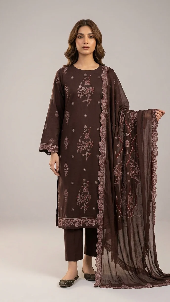 Elegant Coffee Brown Embroidered Lawn 3 Pcs Suit - Luxury Unstitched Summer Collection with Scalloped Dupatta for Women