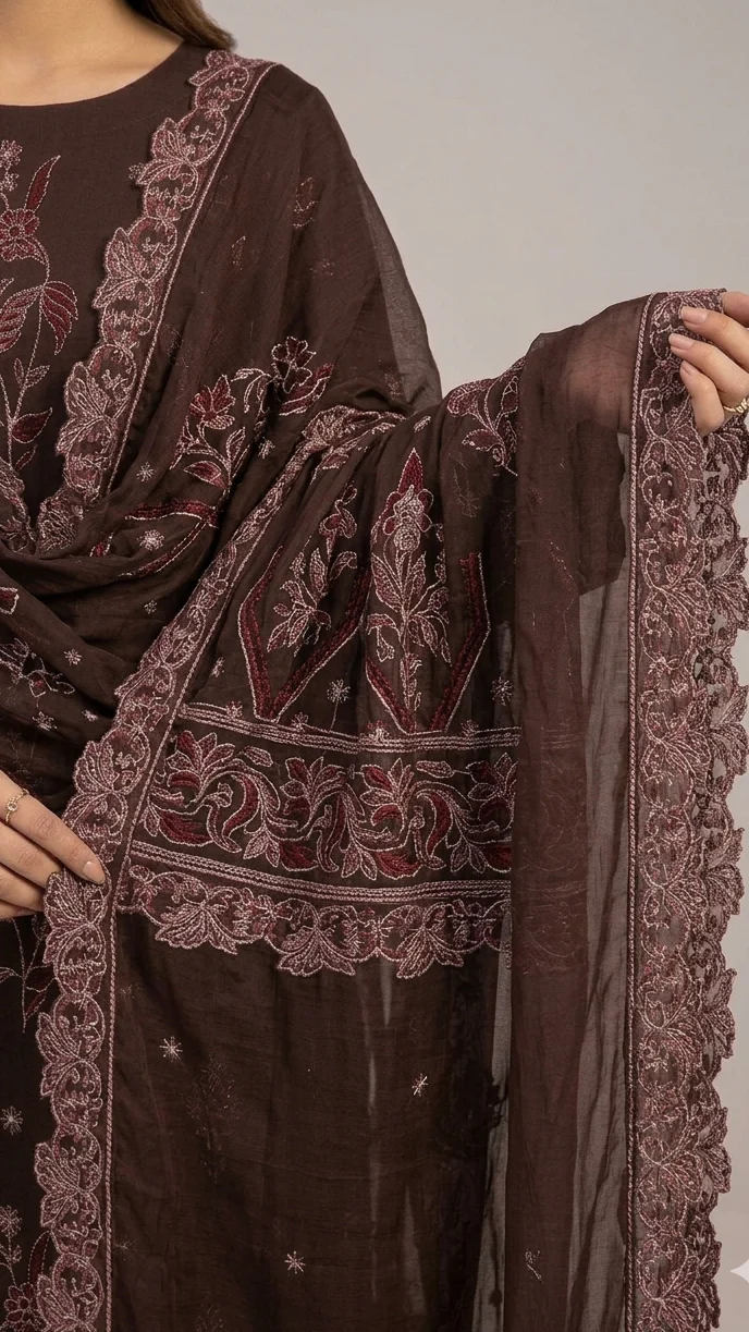 Elegant Coffee Brown Embroidered Lawn 3 Pcs Suit - Luxury Unstitched Summer Collection with Scalloped Dupatta for Women