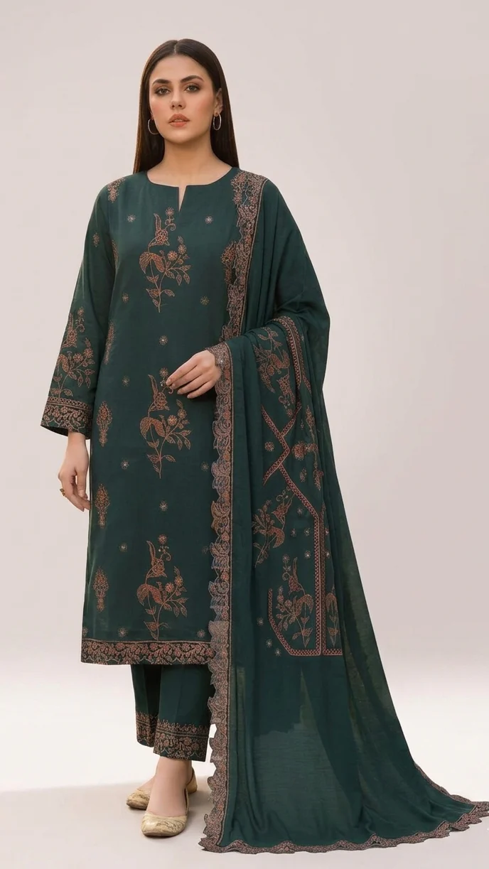 Elegant Emerald Green Embroidered Lawn 3 Pcs Suit - Luxury Unstitched Summer Collection with Scalloped Dupatta for Women