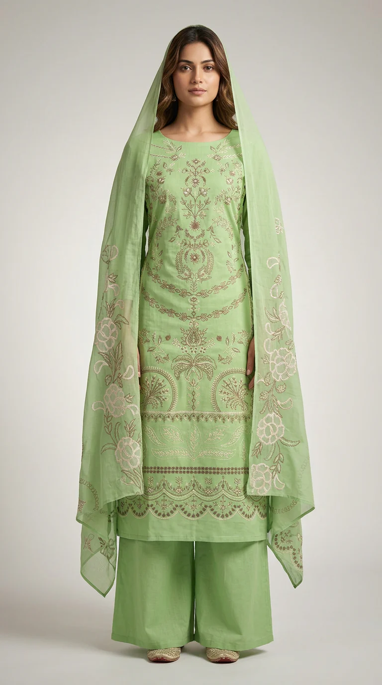 Elegant Mint Pistachio Green Embroidered Lawn 3 Pcs Suit - Luxury Unstitched Summer Collection with Organza Applique Dupatta for Women