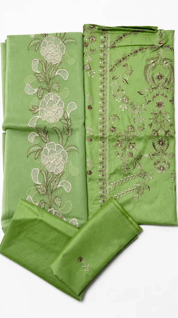 Elegant Mint Pistachio Green Embroidered Lawn 3 Pcs Suit - Luxury Unstitched Summer Collection with Organza Applique Dupatta for Women