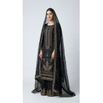 Elegant Charcoal Black Embroidered Lawn 3 Pcs Suit - Luxury Unstitched Summer Collection with Mirror Work Trim Dupatta for Women