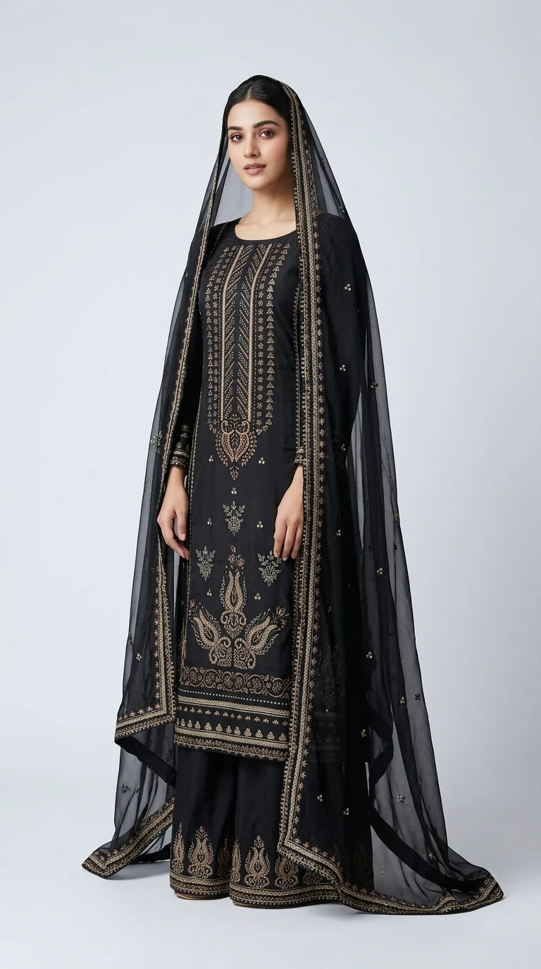 Elegant Charcoal Black Embroidered Lawn 3 Pcs Suit - Luxury Unstitched Summer Collection with Mirror Work Trim Dupatta for Women
