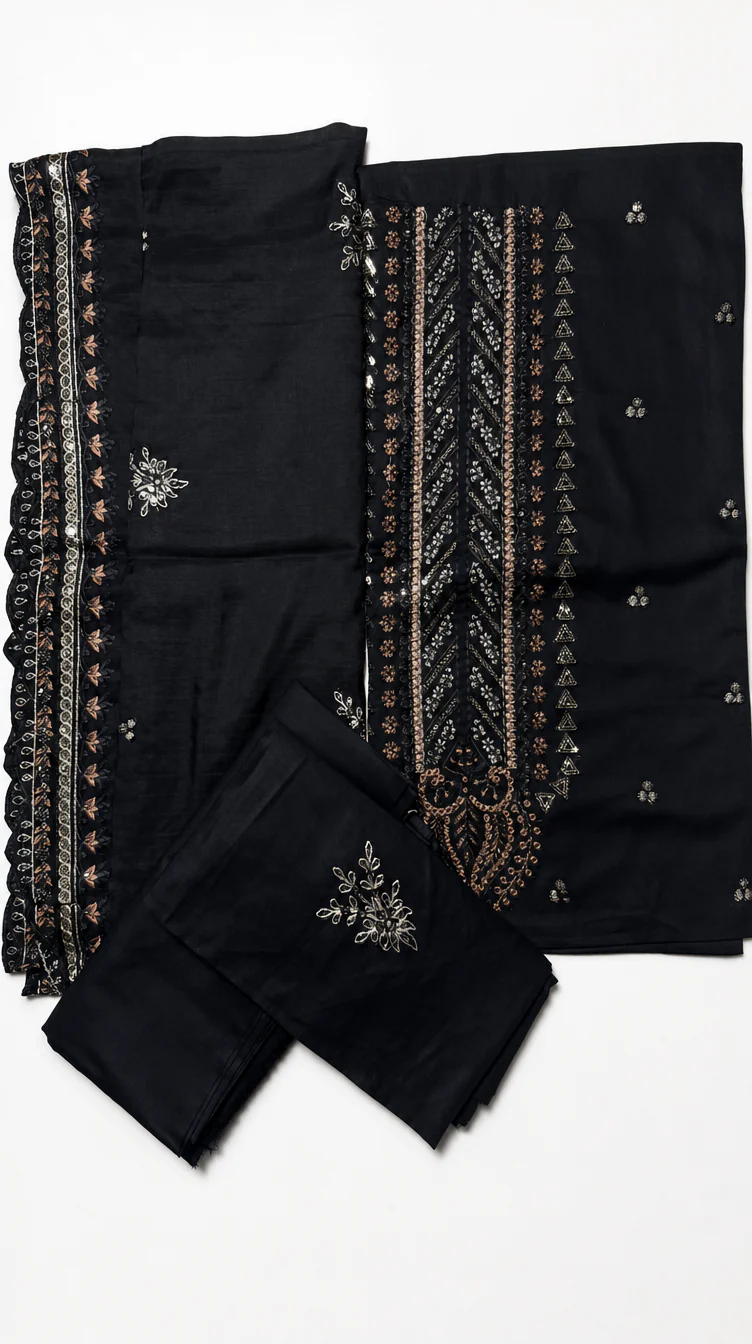 Elegant Charcoal Black Embroidered Lawn 3 Pcs Suit - Luxury Unstitched Summer Collection with Mirror Work Trim Dupatta for Women