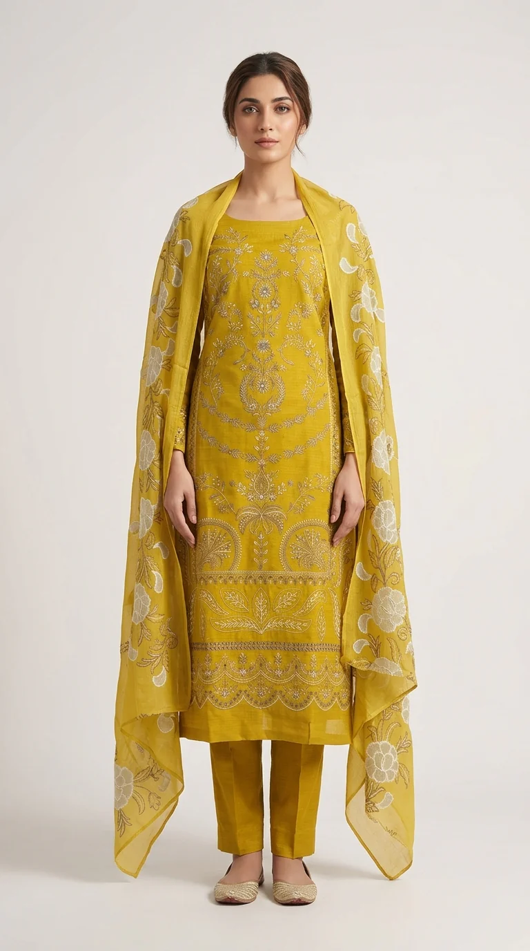 Elegant Lime Yellow Embroidered Lawn 3 Pcs Suit - Luxury Unstitched Summer Collection with Organza Applique Dupatta for Women