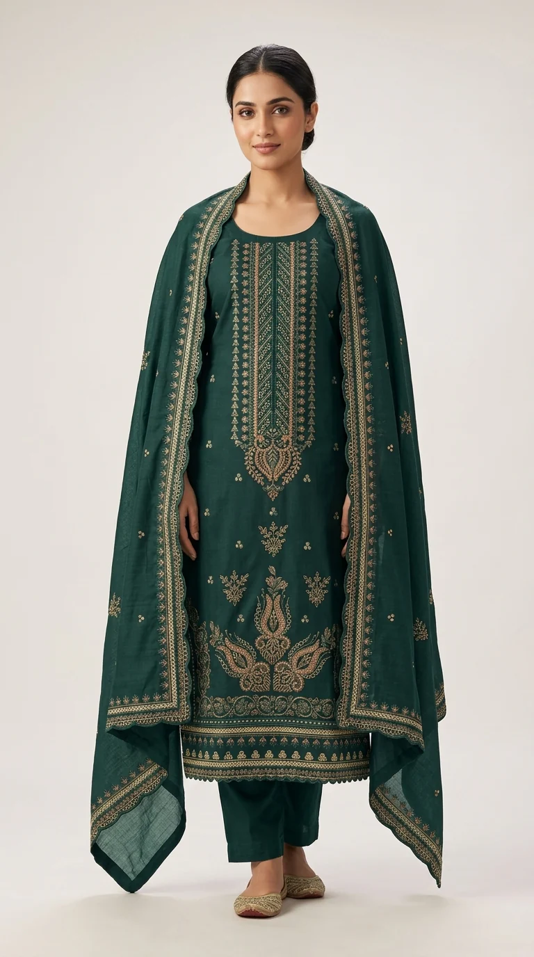 Elegant Dark Teal Green Embroidered Lawn 3 Pcs Suit - Luxury Unstitched Summer Collection with Scalloped Dupatta for Women