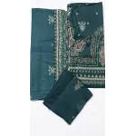 Elegant Dark Teal Green Embroidered Lawn 3 Pcs Suit - Luxury Unstitched Summer Collection with Scalloped Dupatta for Women