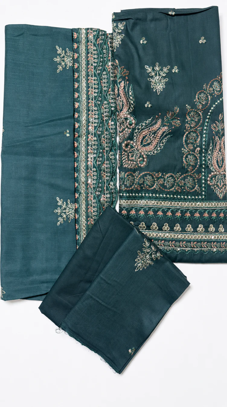 Elegant Dark Teal Green Embroidered Lawn 3 Pcs Suit - Luxury Unstitched Summer Collection with Scalloped Dupatta for Women