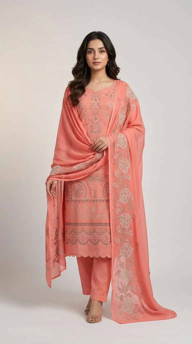 Elegant Peach Coral Embroidered Lawn 3 Pcs Suit - Luxury Unstitched Summer Collection with Organza Applique Dupatta for Women