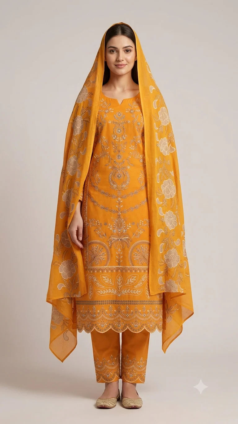 Elegant Mustard Yellow Embroidered Lawn 3 Pcs Suit - Luxury Unstitched Summer Collection with Organza Applique Dupatta for Women