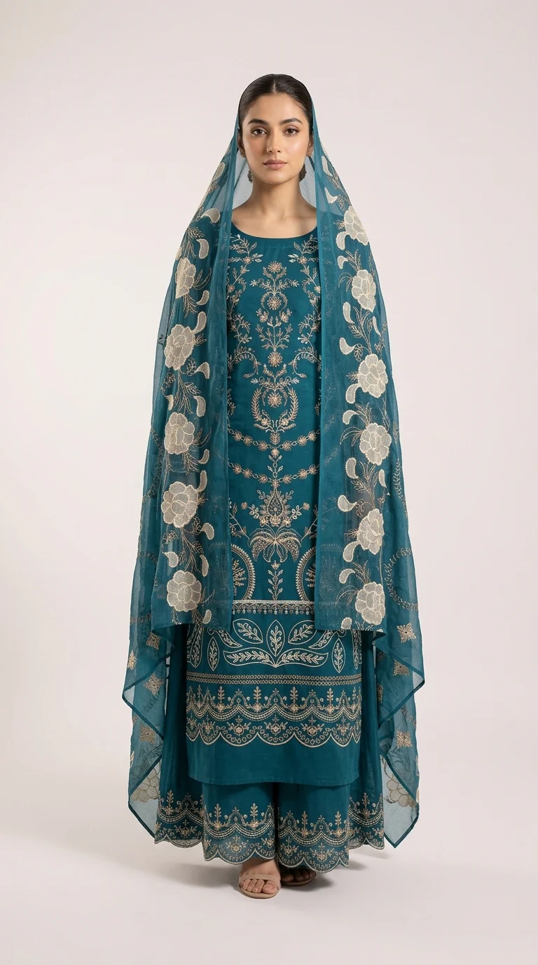 Exquisite Ocean Teal Embroidered Lawn 3 Pcs Suit - Luxury Unstitched Summer Edit with Statement Organza Applique Dupatta for Women