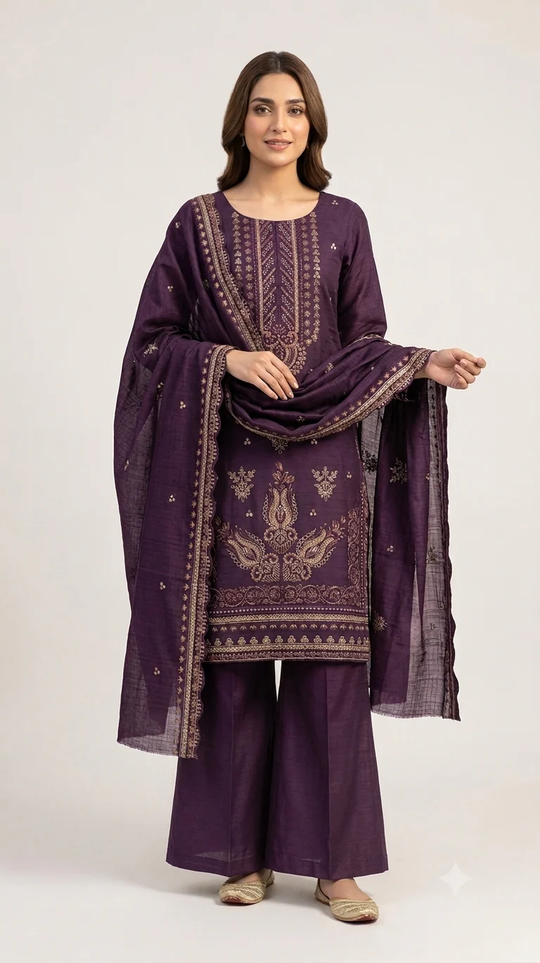 Imperial Plum Purple Embroidered Lawn 3 Pcs Suit - Luxury Unstitched Summer Formal Ensemble with Intricate Bordered Dupatta for Women
