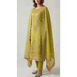 Vibrant Olive Lime Green Embroidered Lawn 3 Pcs Suit - Luxury Unstitched Summer Outfit with Faux Mirror Scalloped Dupatta for Women