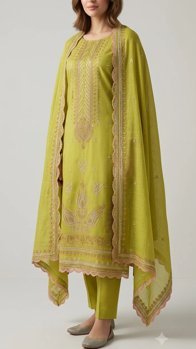 Vibrant Olive Lime Green Embroidered Lawn 3 Pcs Suit - Luxury Unstitched Summer Outfit with Faux Mirror Scalloped Dupatta for Women