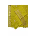 Vibrant Olive Lime Green Embroidered Lawn 3 Pcs Suit - Luxury Unstitched Summer Outfit with Faux Mirror Scalloped Dupatta for Women