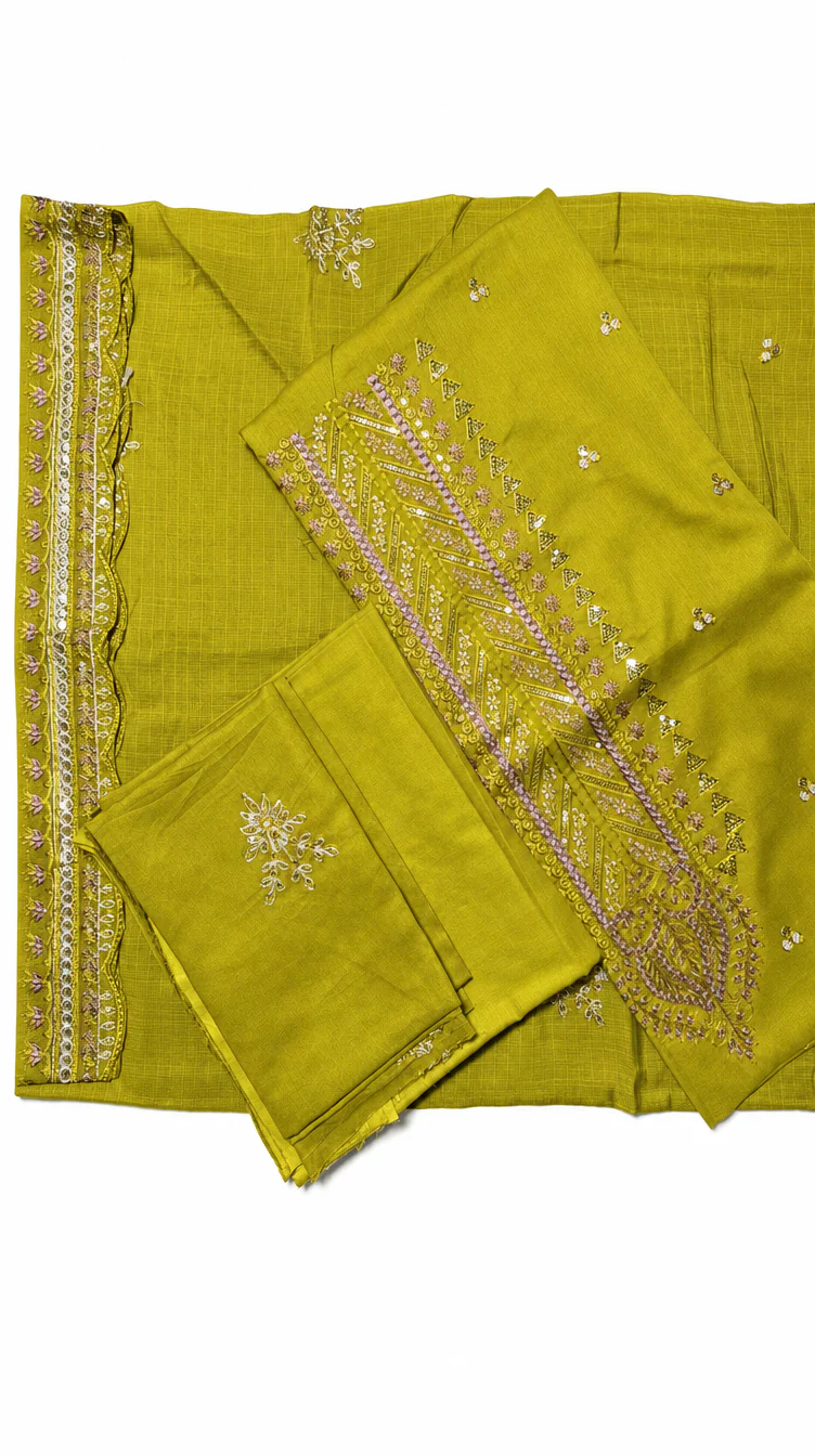 Vibrant Olive Lime Green Embroidered Lawn 3 Pcs Suit - Luxury Unstitched Summer Outfit with Faux Mirror Scalloped Dupatta for Women