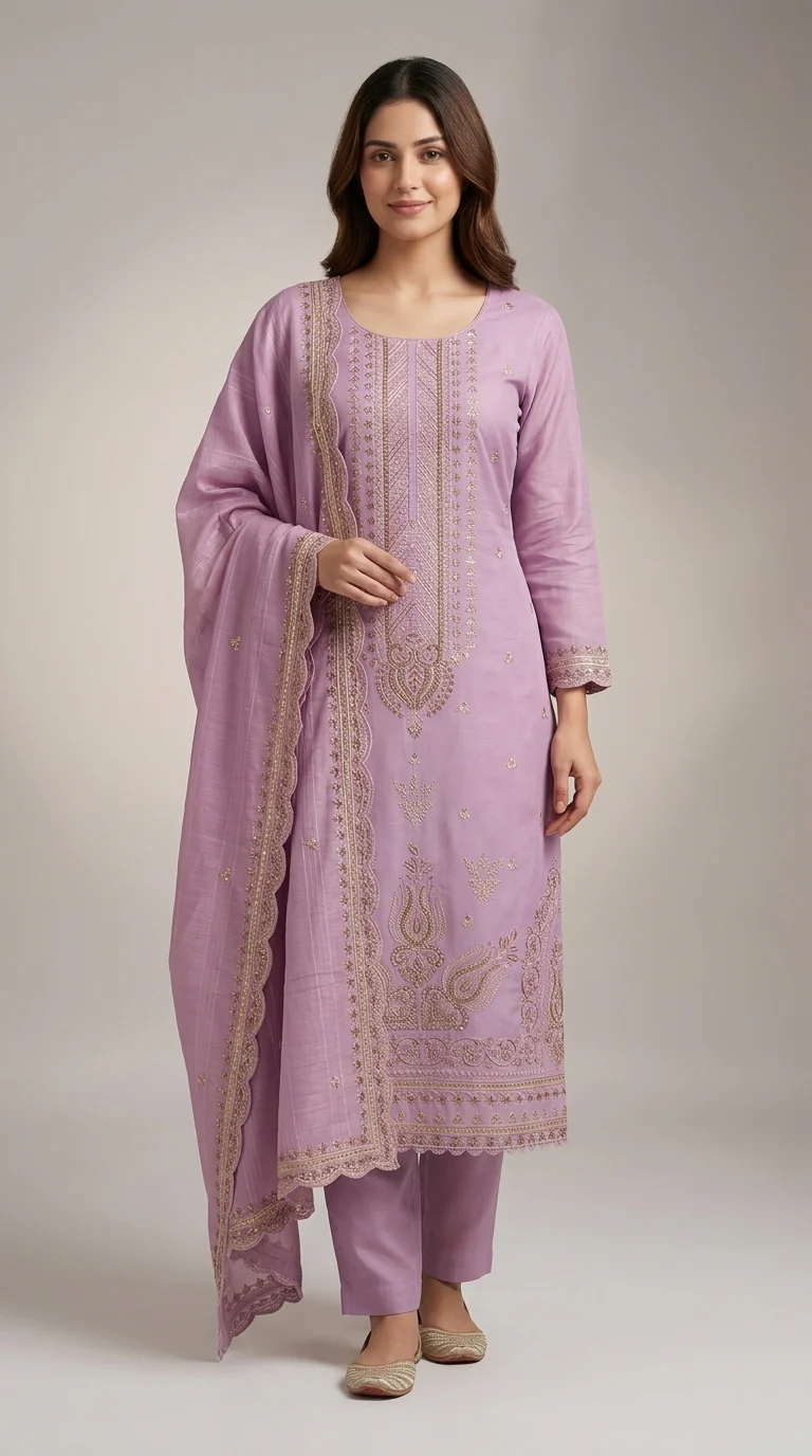 Elegant Lavender Lilac Embroidered Lawn 3 Pcs Suit - Luxury Unstitched Summer Outfit with Scalloped Organza Border Dupatta for Women