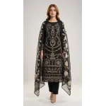 Midnight Black Luxury Embroidered Lawn 3 Pcs Suit - Unstitched Designer Outfit with Floral Applique Organza Sheer Dupatta for Women