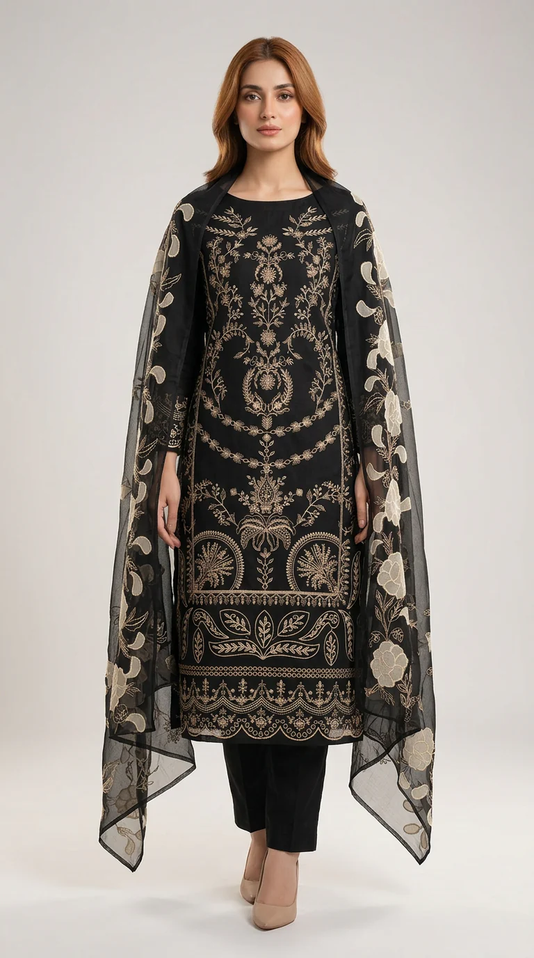 Midnight Black Luxury Embroidered Lawn 3 Pcs Suit - Unstitched Designer Outfit with Floral Applique Organza Sheer Dupatta for Women