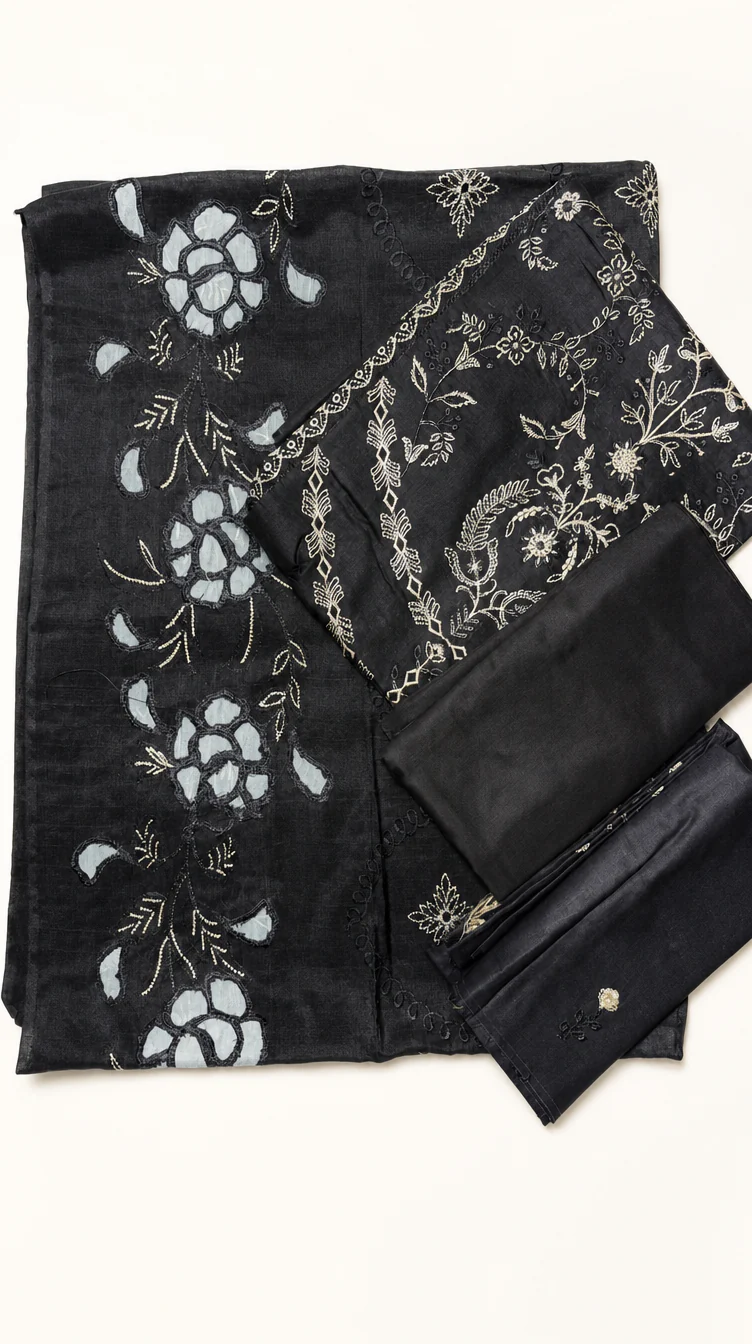 Midnight Black Luxury Embroidered Lawn 3 Pcs Suit - Unstitched Designer Outfit with Floral Applique Organza Sheer Dupatta for Women