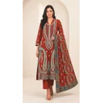 Rust Brick Red Embroidered Lawn 3 Pcs Suit - Luxury Unstitched Summer Outfit with Traditional Paisley Border Dupatta for Women