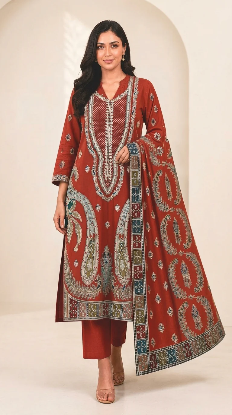 Rust Brick Red Embroidered Lawn 3 Pcs Suit - Luxury Unstitched Summer Outfit with Traditional Paisley Border Dupatta for Women