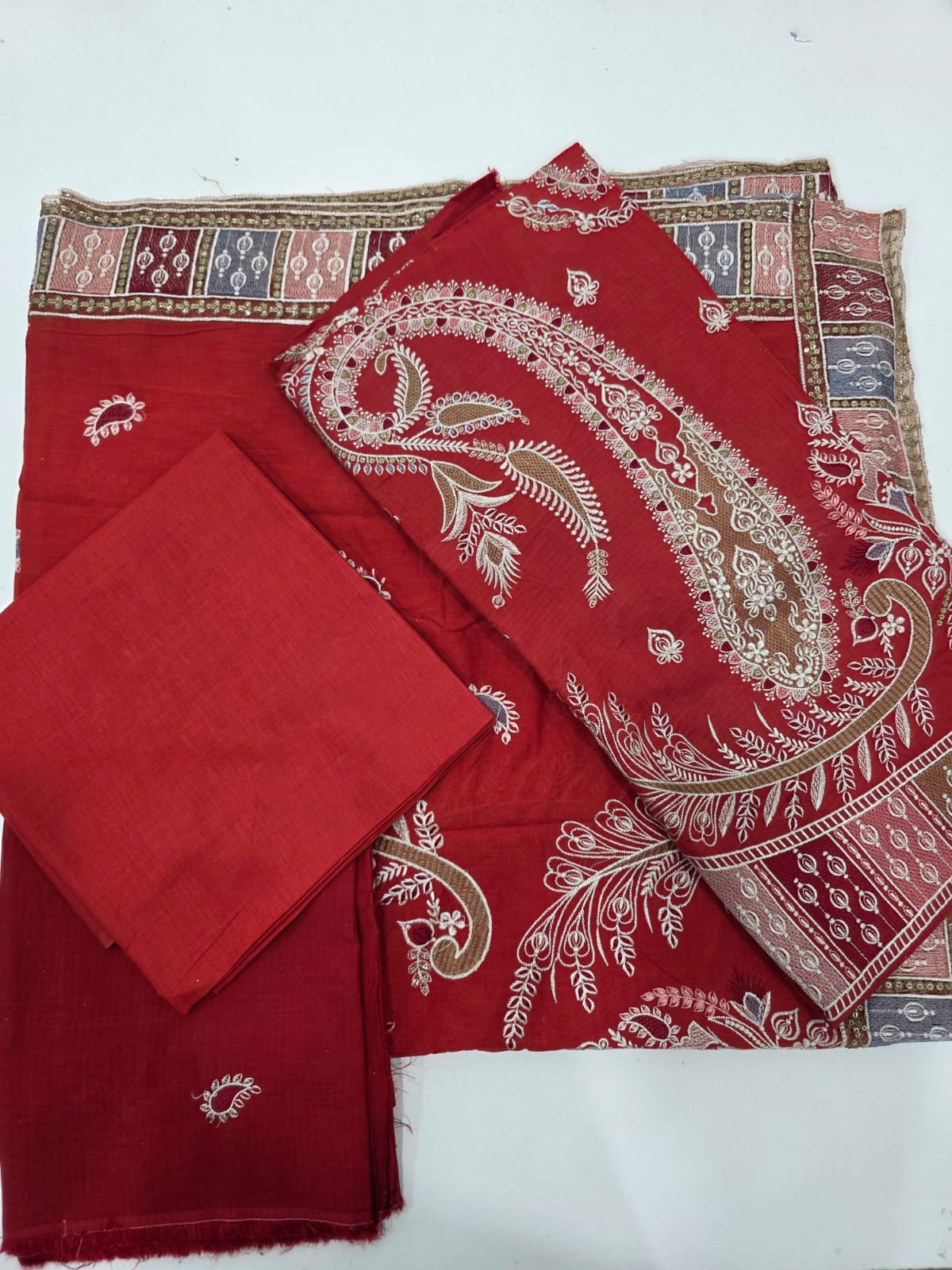 Rust Brick Red Embroidered Lawn 3 Pcs Suit - Luxury Unstitched Summer Outfit with Traditional Paisley Border Dupatta for Women