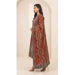 Rust Brick Red Embroidered Lawn 3 Pcs Suit - Luxury Unstitched Summer Outfit with Traditional Paisley Border Dupatta for Women