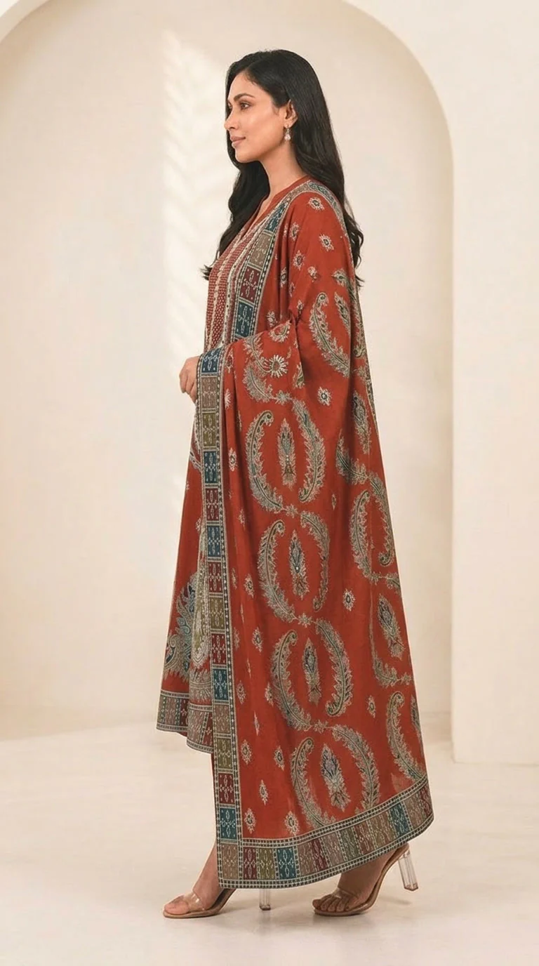 Rust Brick Red Embroidered Lawn 3 Pcs Suit - Luxury Unstitched Summer Outfit with Traditional Paisley Border Dupatta for Women