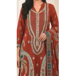 Rust Brick Red Embroidered Lawn 3 Pcs Suit - Luxury Unstitched Summer Outfit with Traditional Paisley Border Dupatta for Women