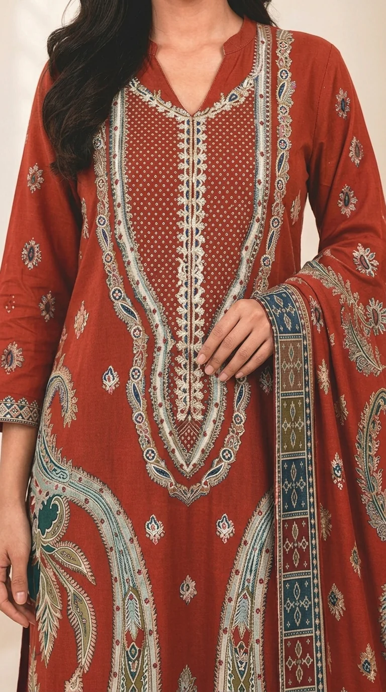 Rust Brick Red Embroidered Lawn 3 Pcs Suit - Luxury Unstitched Summer Outfit with Traditional Paisley Border Dupatta for Women