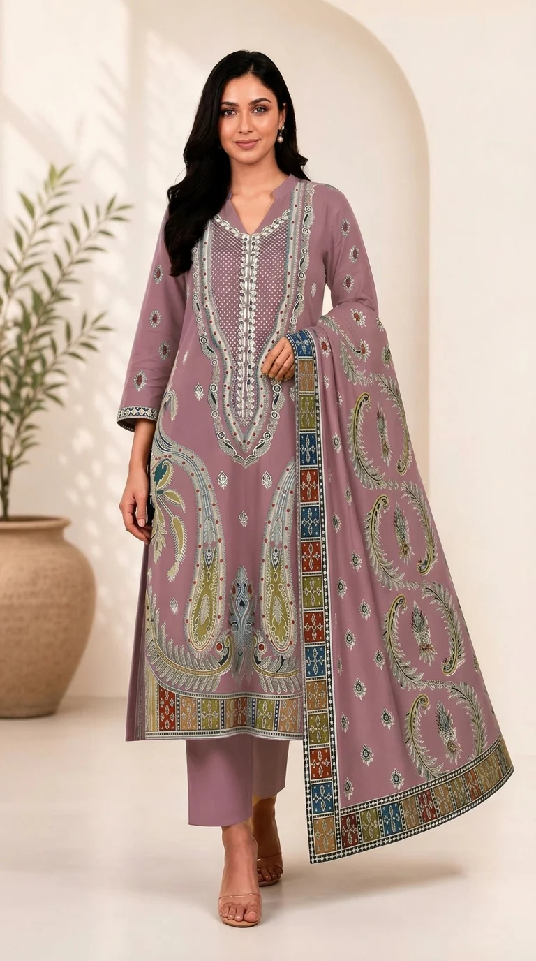 Muted Mauve Plum Embroidered Lawn 3 Pcs Suit - Luxury Unstitched Summer Outfit with Heritage Paisley Print Dupatta for Women