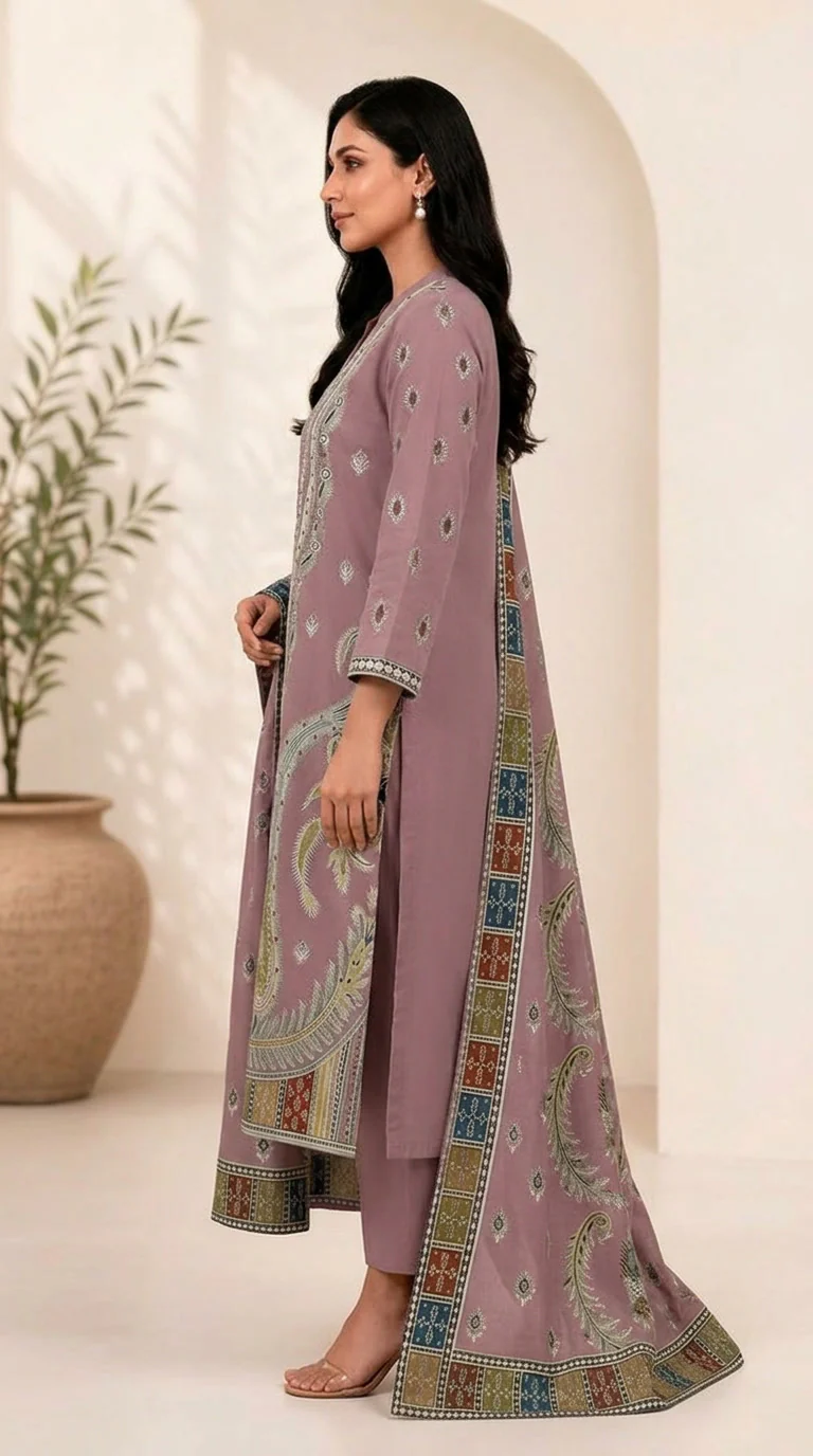 Muted Mauve Plum Embroidered Lawn 3 Pcs Suit - Luxury Unstitched Summer Outfit with Heritage Paisley Print Dupatta for Women