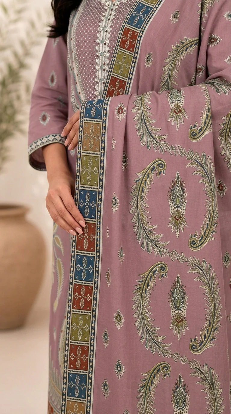Muted Mauve Plum Embroidered Lawn 3 Pcs Suit - Luxury Unstitched Summer Outfit with Heritage Paisley Print Dupatta for Women