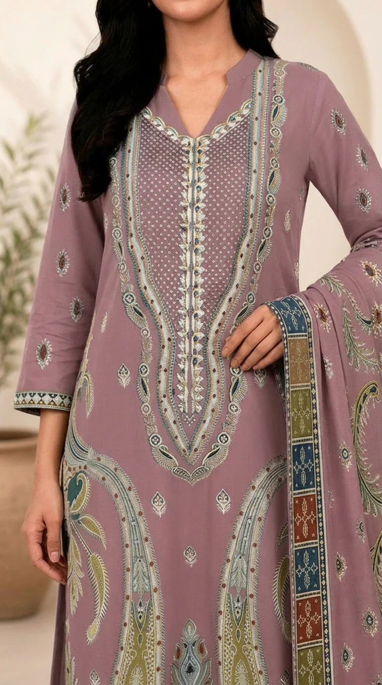 Muted Mauve Plum Embroidered Lawn 3 Pcs Suit - Luxury Unstitched Summer Outfit with Heritage Paisley Print Dupatta for Women