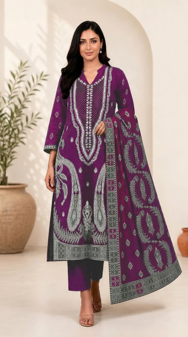 Royal Magenta Purple Embroidered Lawn 3 Pcs Suit - Luxury Unstitched Summer Outfit with Heritage Paisley Print Dupatta for Women