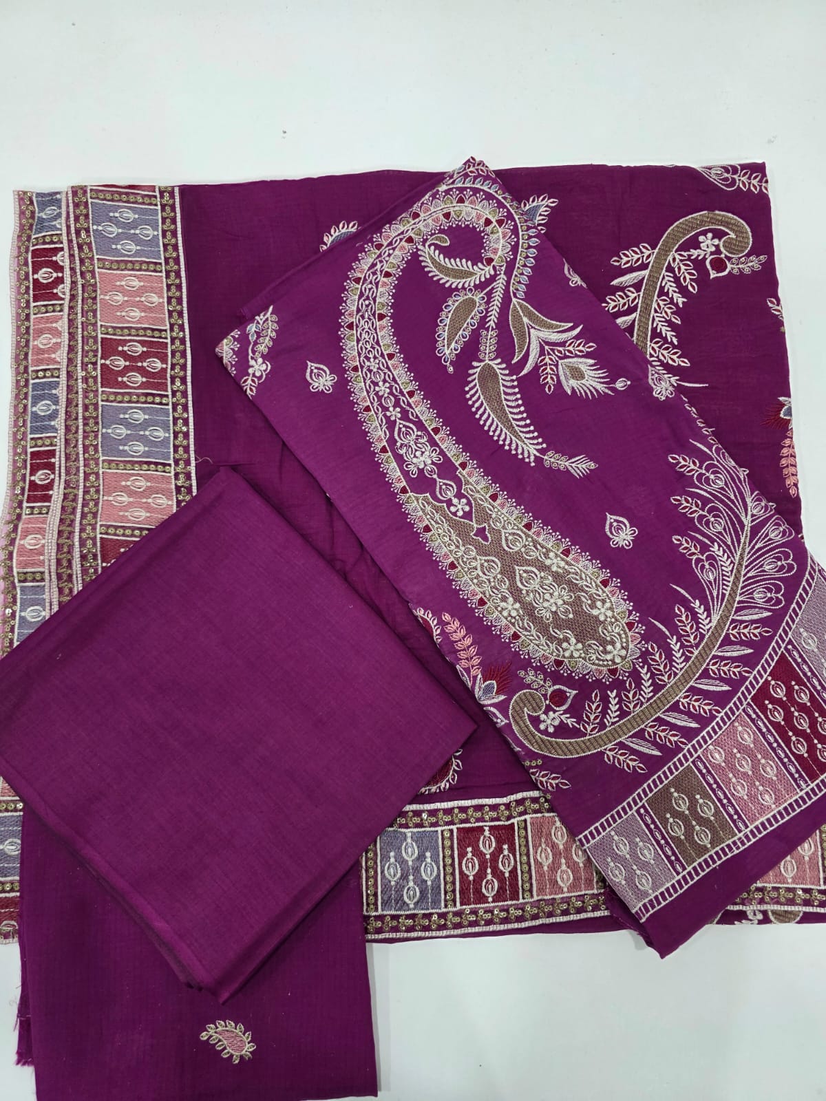 Royal Magenta Purple Embroidered Lawn 3 Pcs Suit - Luxury Unstitched Summer Outfit with Heritage Paisley Print Dupatta for Women