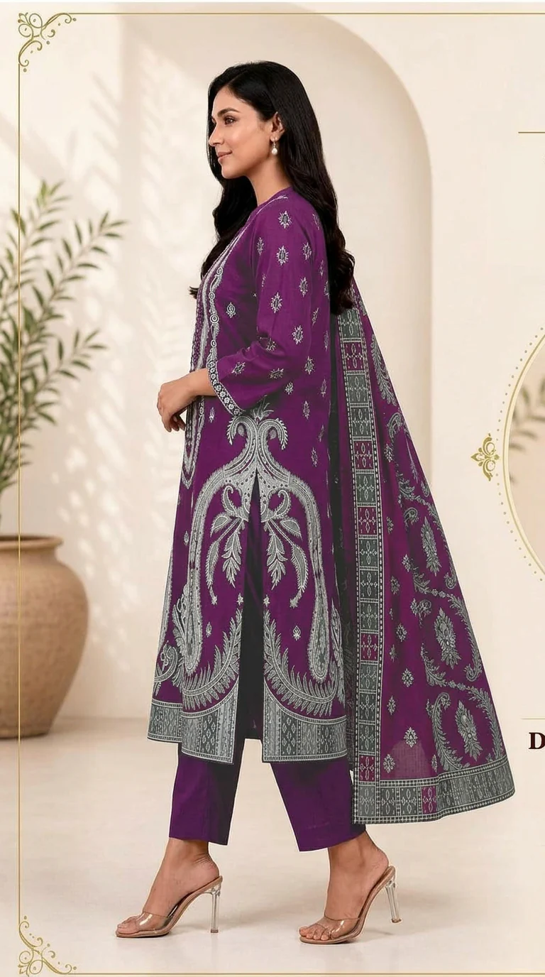 Royal Magenta Purple Embroidered Lawn 3 Pcs Suit - Luxury Unstitched Summer Outfit with Heritage Paisley Print Dupatta for Women