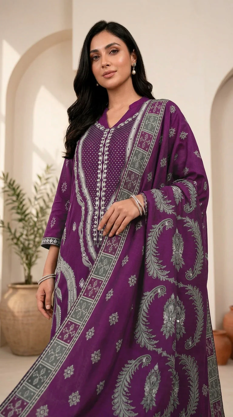 Royal Magenta Purple Embroidered Lawn 3 Pcs Suit - Luxury Unstitched Summer Outfit with Heritage Paisley Print Dupatta for Women