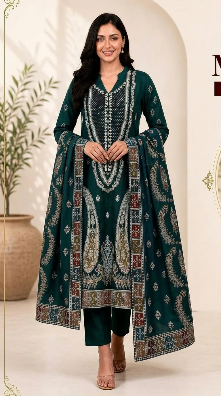 Deep Emerald Teal Embroidered Lawn 3 Pcs Suit - Luxury Unstitched Summer Outfit with Heritage Paisley Print Dupatta for Women